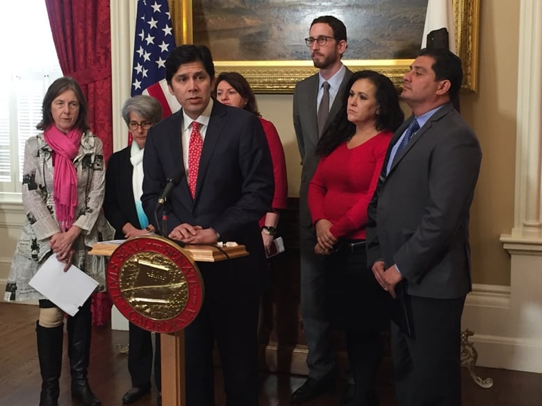 Democratic Senate Leader Kevin de León (D-Los Angeles) and other California lawmakers criticize President Trump's executive actions on immigration on Wednesday, January 25, 2017.
