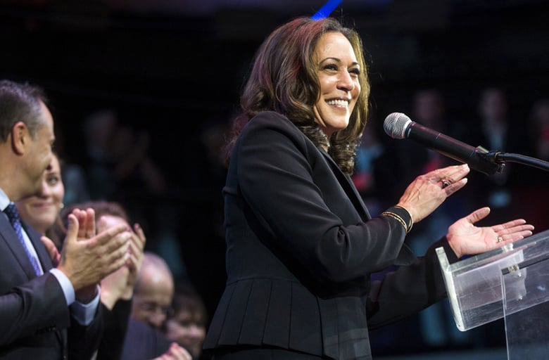 Newly elected California Sen. Kamala Harris celebrates her victory on election night.