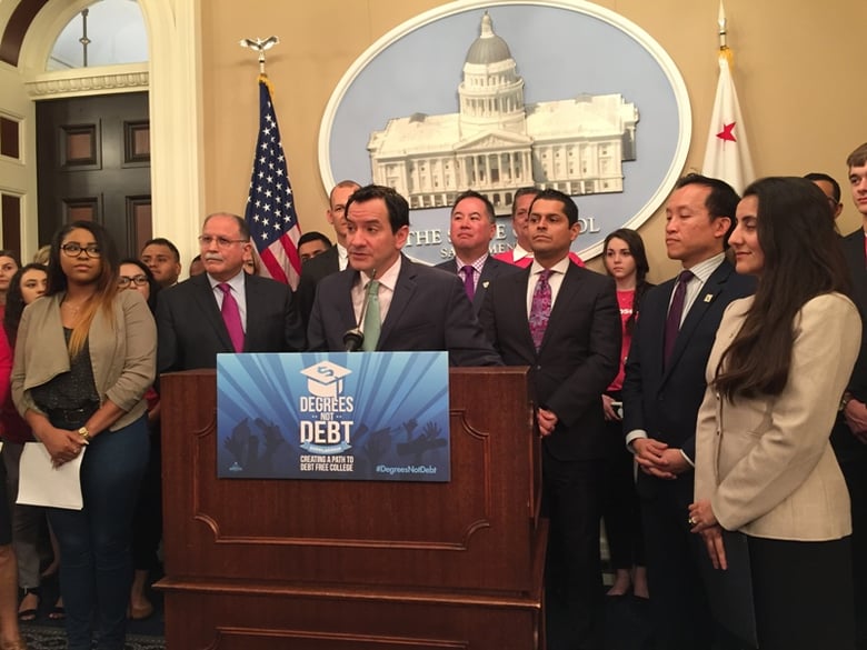 Assembly Speaker Anthony Rendon (D-Paramount) and members of his caucus announce a $1.6 billion state budget proposal intended to allow California college students who attend a UC or CSU to complete their degrees without incurring student loan debt.
