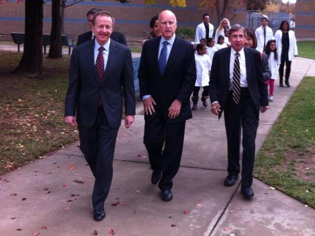Gov. Jerry Brown arrives at a Sacramento elementary school Tuesday.