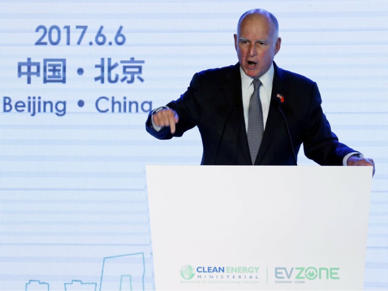 California Gov. Jerry Brown speaks in the Clean Energy Ministerial International Forum on Electric Vehicle Pilot Cities and Industrial Development, at a hotel in Beijing, Tuesday, June 6, 2017.