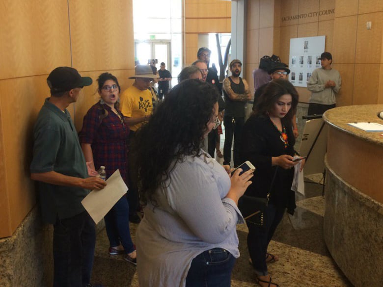 Groups against a proposed Sacramento Police protesting ordinance are not allowed upstairs at City Hall, Tuesday Aug. 15, 2017.