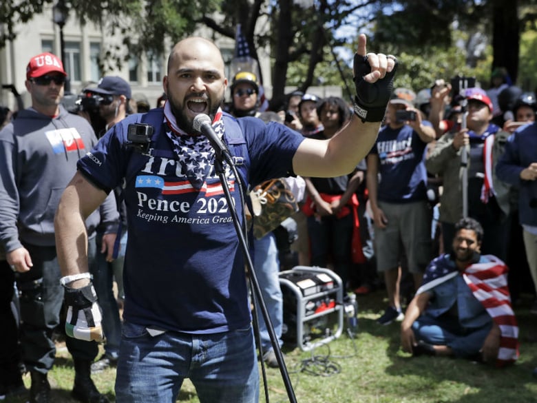 FILE--In this April 27, 2017, file photo, Joey Gibson speaks during a rally in support of free speech in Berkeley, Calif.