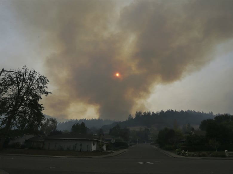 A plume of smoke rises from a mountain over homes in the Oakmont area of Santa Rosa, Calif., Tuesday, Oct. 10, 2017. 