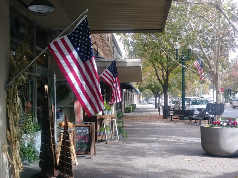American flags hang in downtown Turlock Nov. 8, 2017.