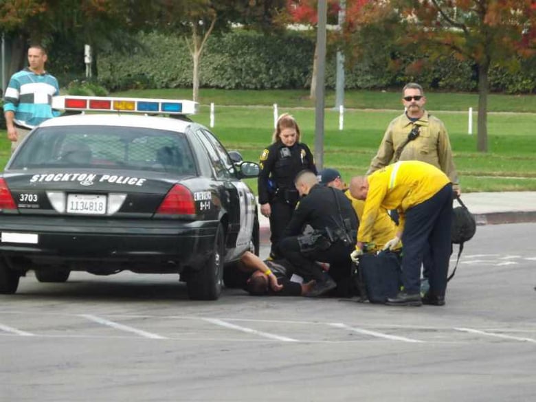 Police officers participate in an active shooter simulation at Bear Creek High School in Stockton Nov. 15, 2017.