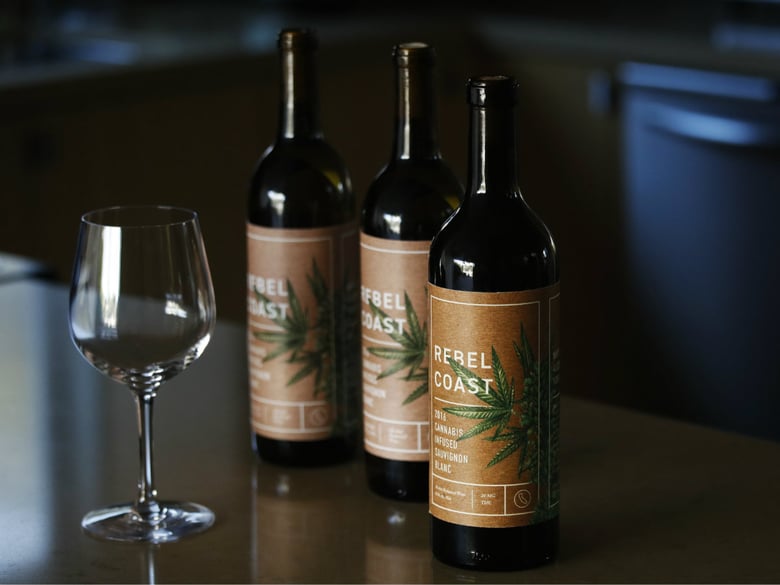 In this Dec. 22, 2017, photo, three bottles of Rebel Coast Winery's cannabis-infused wine sits in Los Angeles.