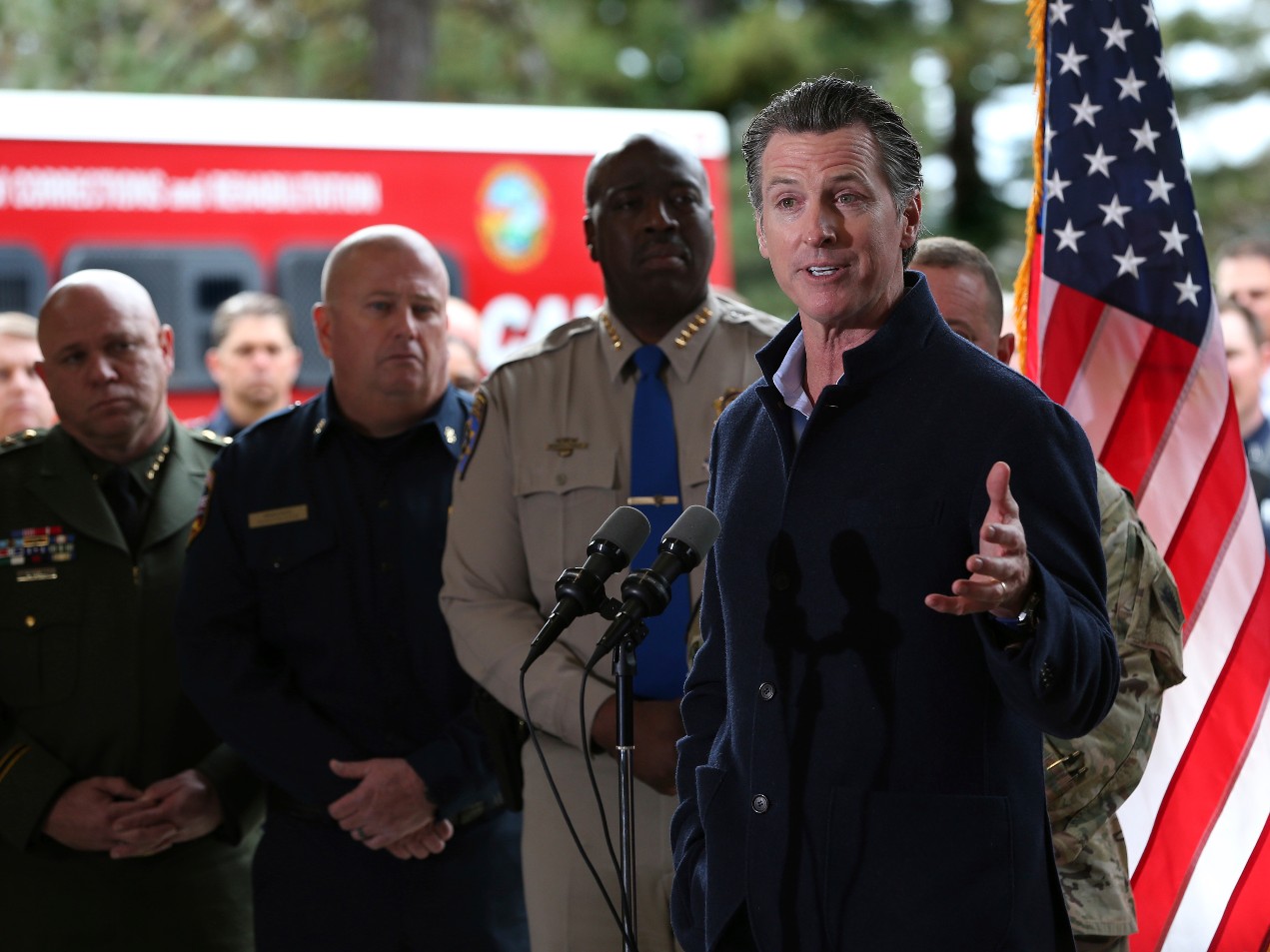 Gov. Gavin Newsom discusses emergency preparedness during a visit to the California Department of Forestry and Fire Protection CalFire Colfax Station 