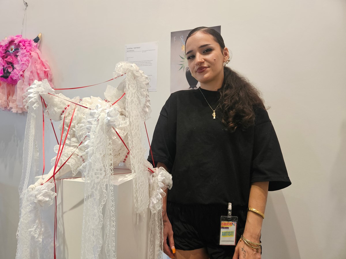 Serena Madrigal submitted two pi&ntilde;atas for the SMASH! exhibition --- one inspired by cake, the other by the Mexican candy, duvalin. She said she draws inspiration from colors and tones that bring back different memories.