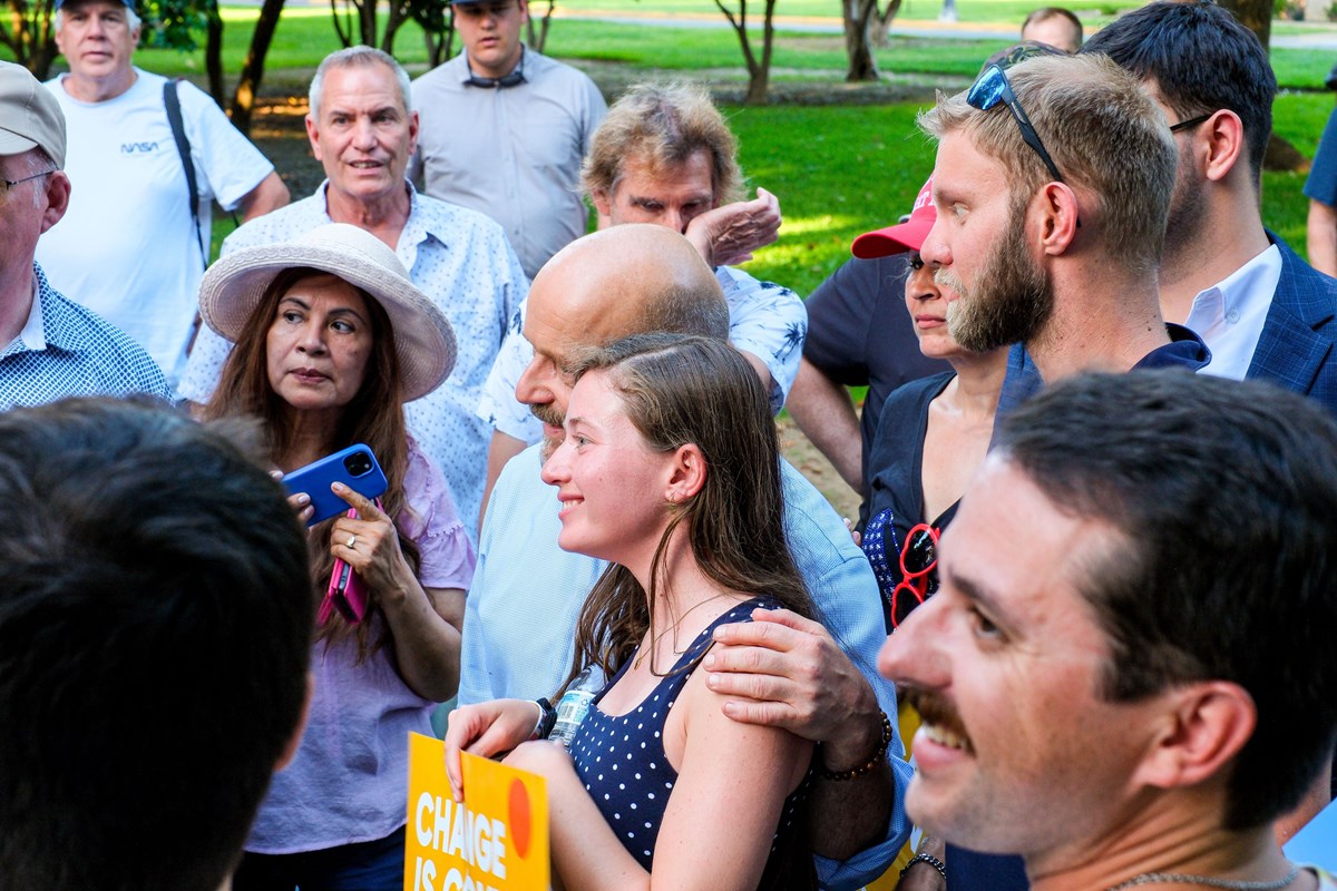 Steve Hilton poses with Marissa Forte, president of the Young Republicans of Greater Sacramento at Hilton&rsquo;s Capitol rally on June 3, 2026.