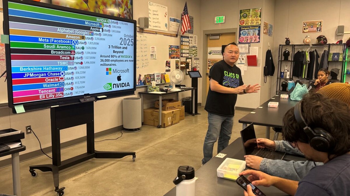 Following a class project, teacher KongMia Her reviewed the different strategies that students used to invest in stocks on May 22, 2026. The project-based learning is an instructional approach that Jeff Allen, the district&rsquo;s teacher on special assignment for personal finance, has coached teachers to do.