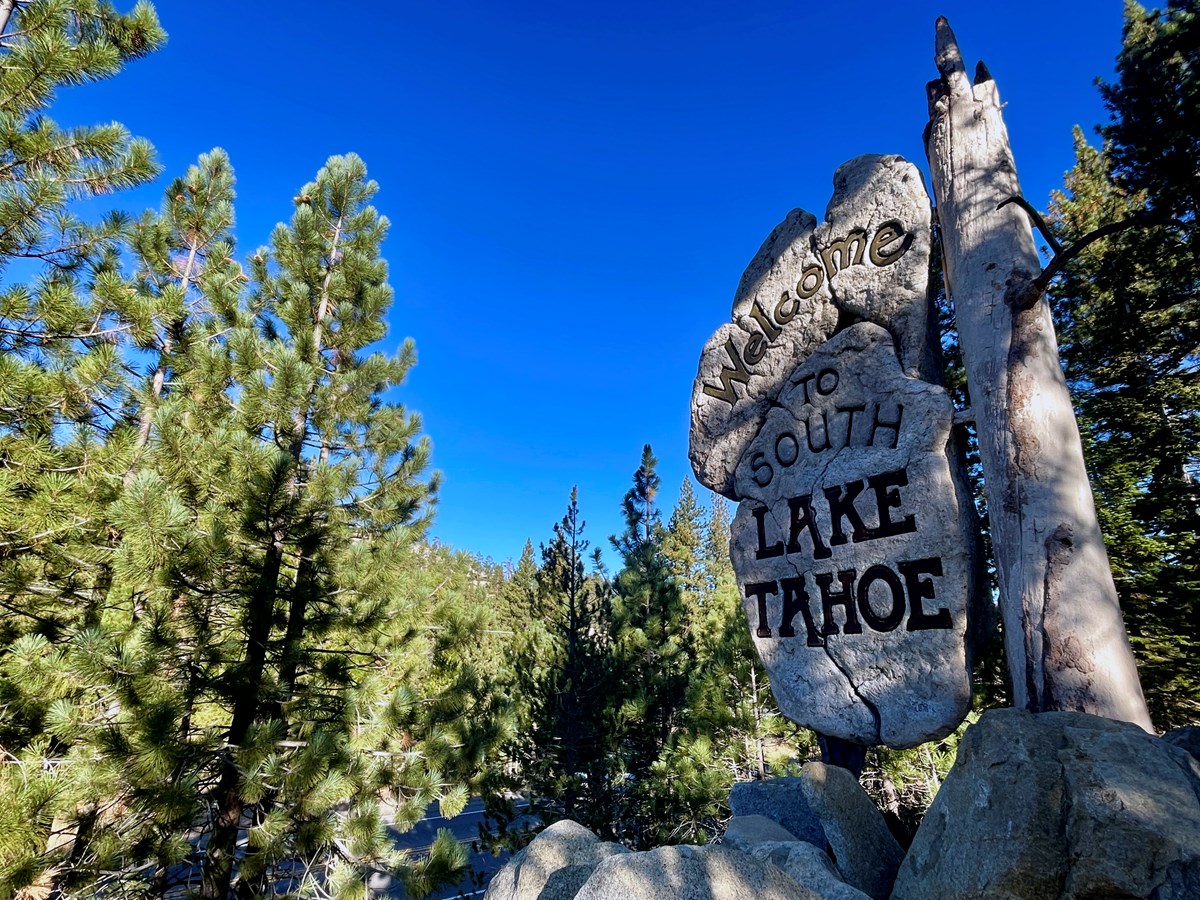 A sign welcomes motorists to South Lake Tahoe, Calif. on Friday, Oct. 18, 2024.