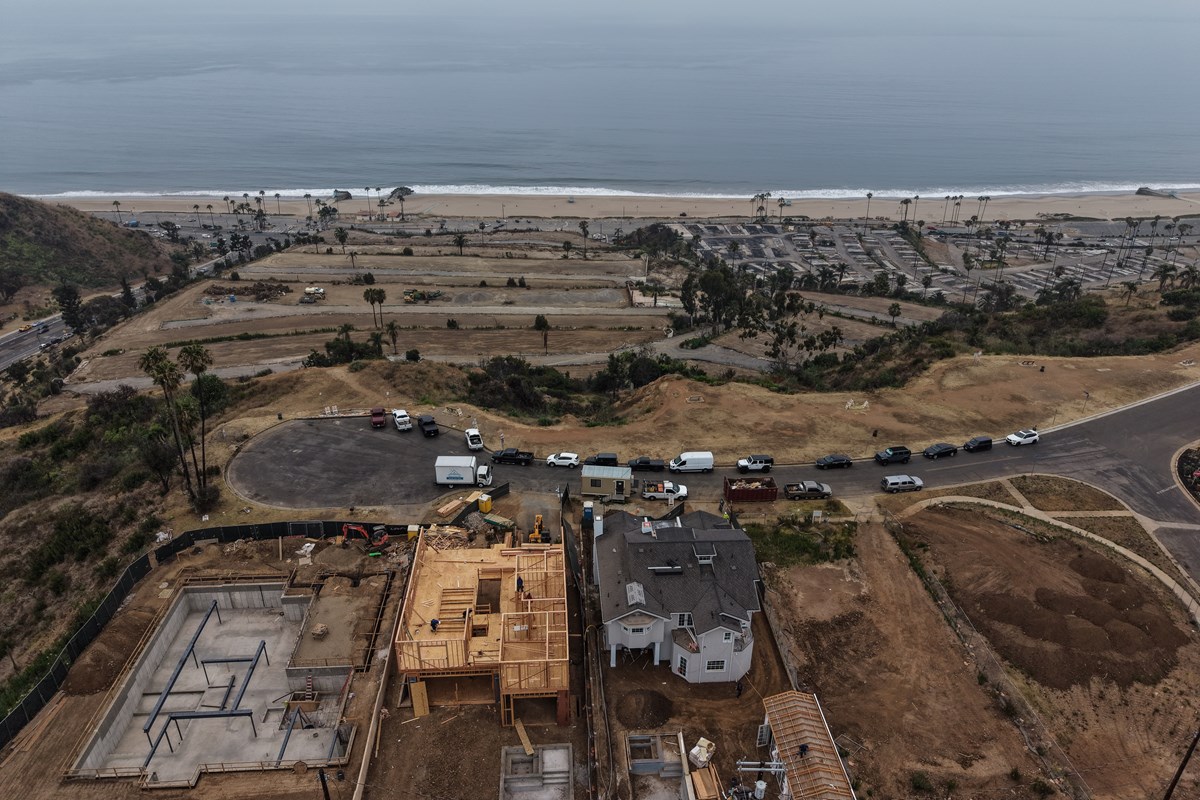 Rebuilding houses after Palisades Fire in Los Angeles.
