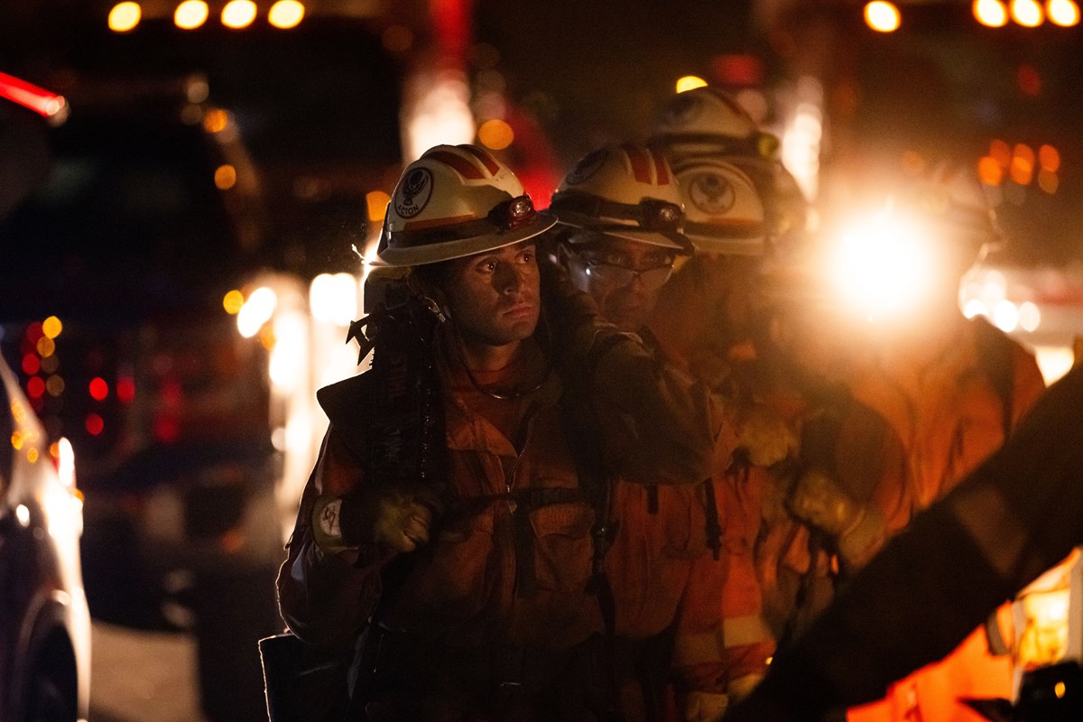 Inmate crews hike while battling the Sandy Fire Monday, May 18, 2026, in Simi Valley, Calif.