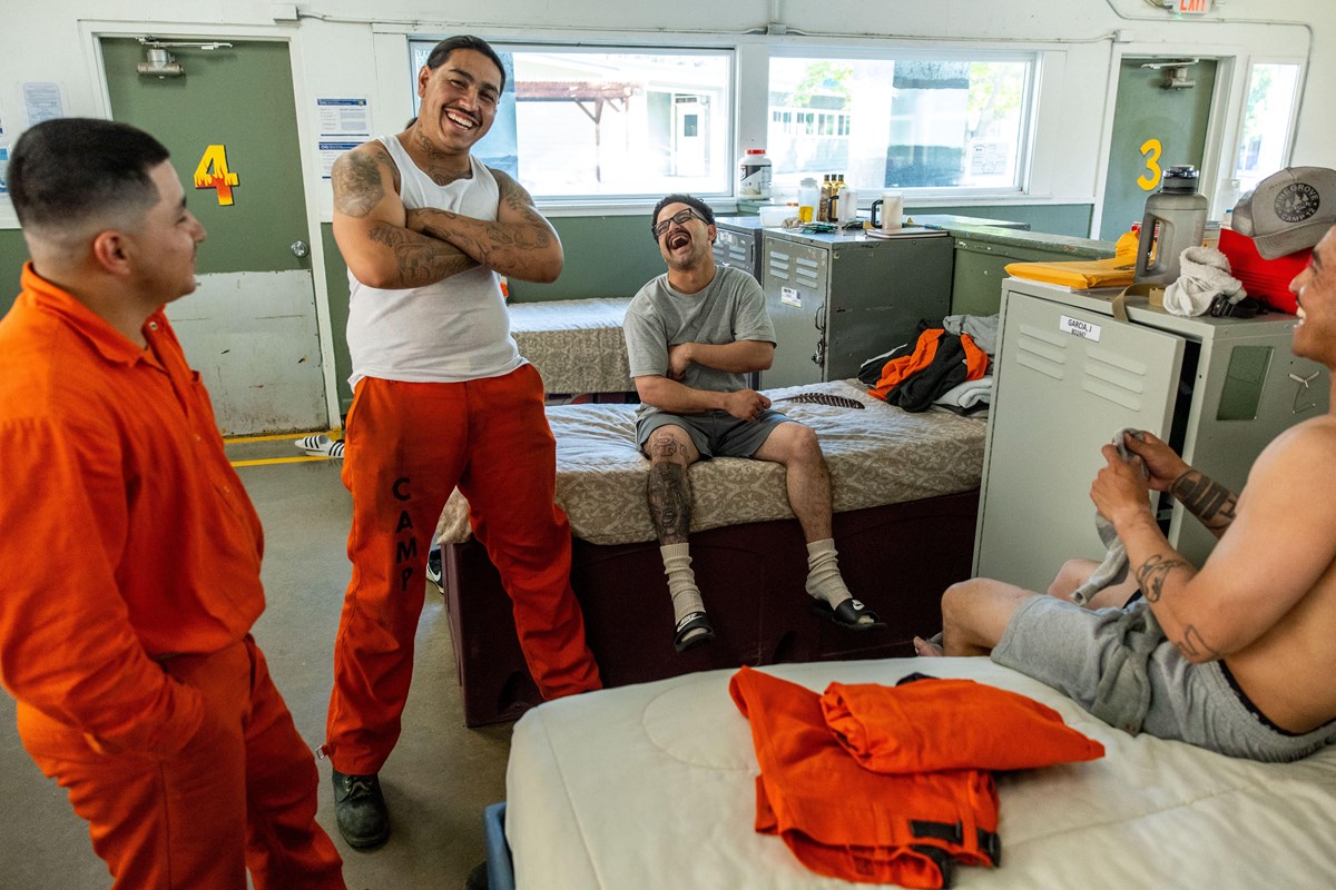 Inmates socialize at the Pine Grove Youth Conservation Camp, July 14, 2025, in Red Corral, Calif.