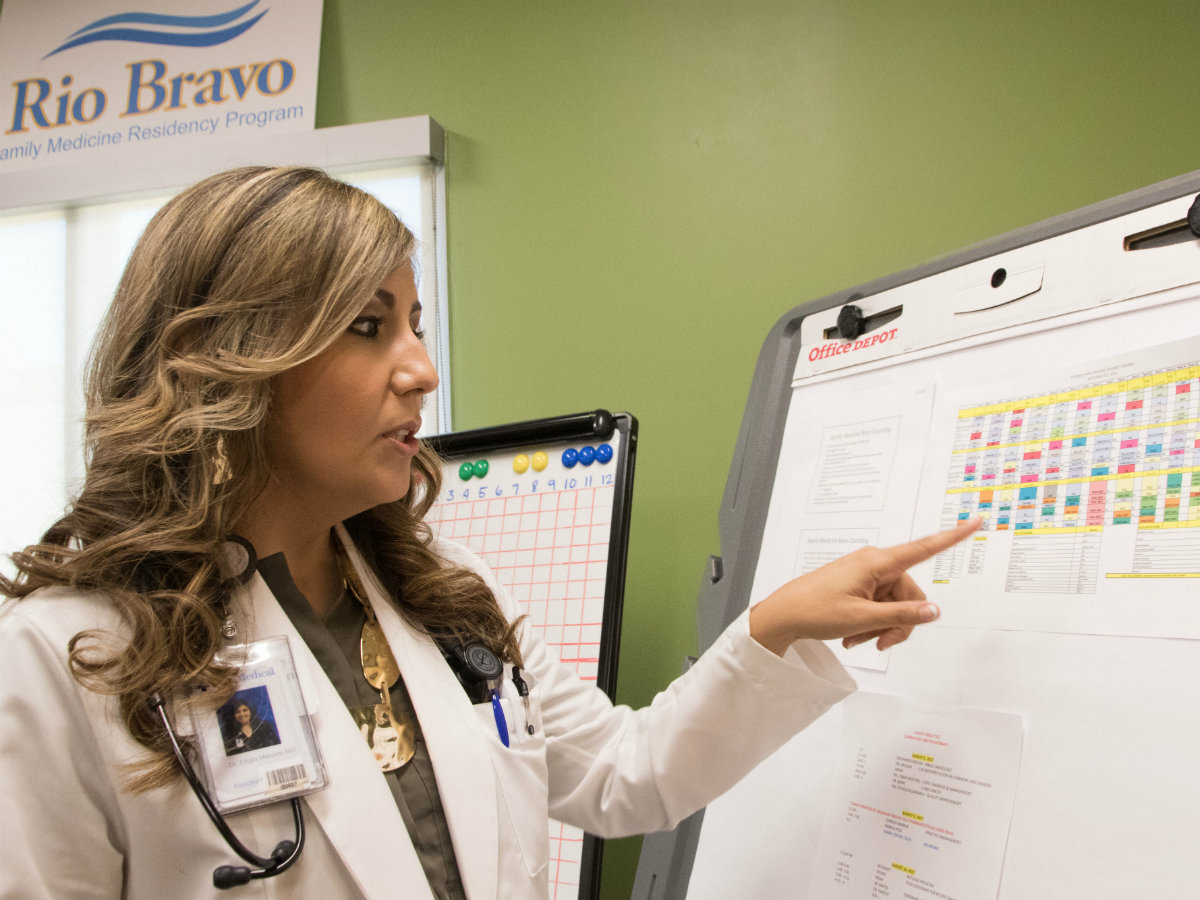 A spreadsheet in a common room displays the schedules of all 18 Rio Bravo family medicine residents. Like Meave, the vast majority of the program’s residents are international medical graduates.